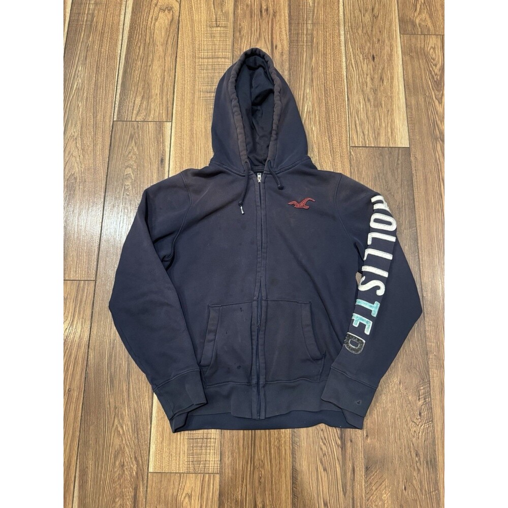 Y2K Hollister Zip-Up Hoodie Men's L Blue Distressed Grunge Thrashed Faded (READ)